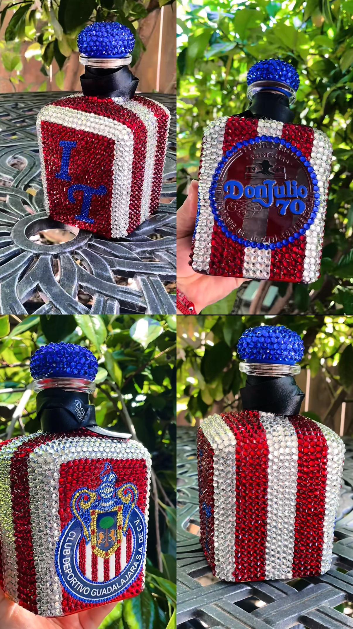 Custom rhinestone-covered bottle with red, white, and blue rhinestone stripes and a sports-inspired design, shown from multiple angles